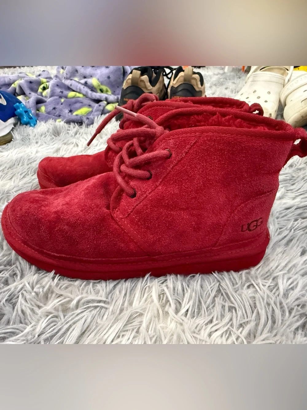 UGG Kids Red Suede Lace-Up Ankle Boots